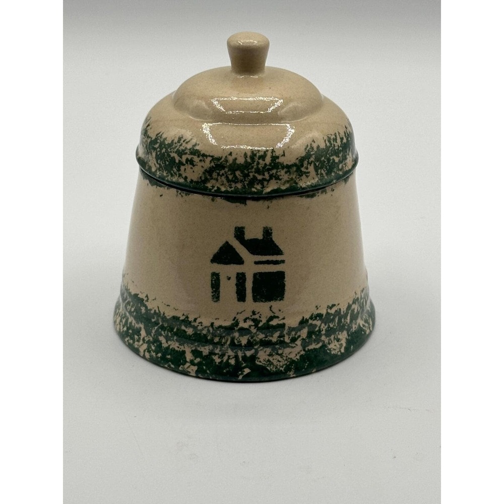 Vintage-Inspired Green Spongeware Pottery Canister with Cottage Design and Lid